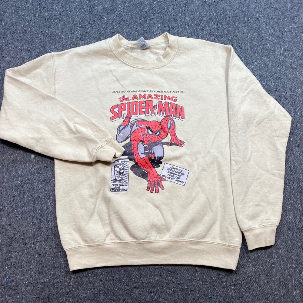 Marvel Amazing Spider-Man Sweatshirt Sz S Mens Beige Skater Retro Comic Graphic